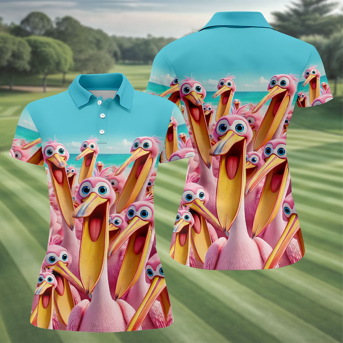 Funny Pink Pelican Beach Crowd Golf Shirt, Women's Golf Shirt, Hawaiian Golf Shirt, Golf Polo For Women