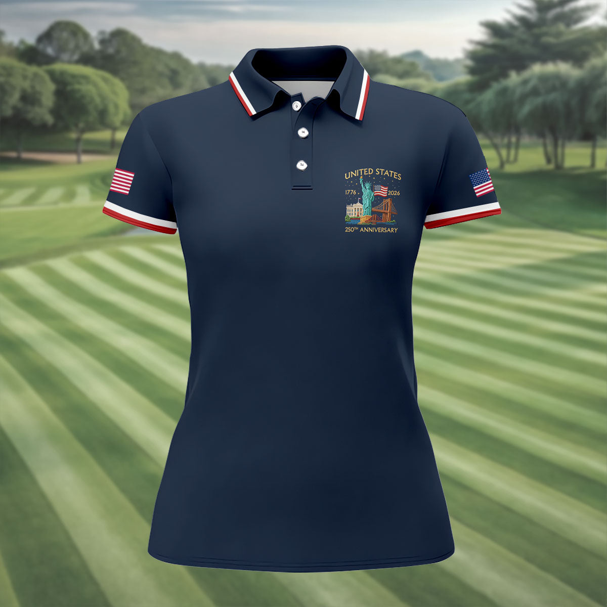 US 250th Anniversary Patriotic Golf Shirt, American Symbols 4th Of July Golf Shirt For Women