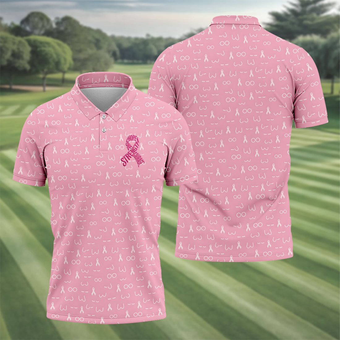 Hope Love Faith Strength Courage Breast Cancer Polo Shirt, Mens Golf Polo, Mens Golf Shirts