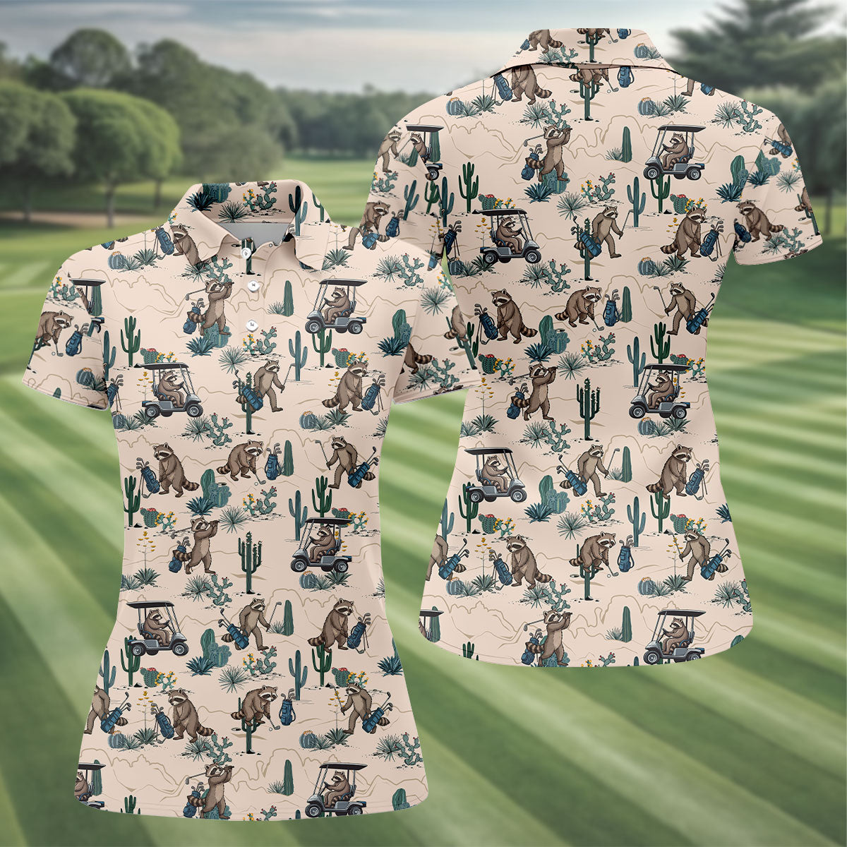 Funny Raccoon Desert Golf Pattern Polo Shirt, Ladies Golf Shirt, Printed Golf Shirt