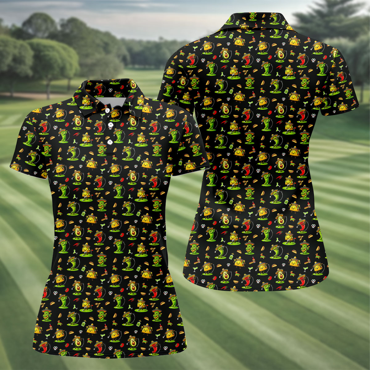 Mexican Cartoon Food Characters Cinco De Mayo Celebration Fiesta Themed Black Golf Shirt For Women