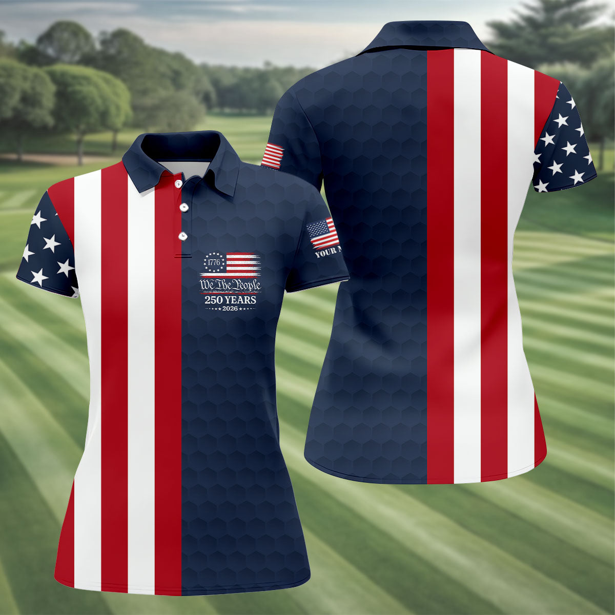 We The People Golf Ball Pattern 250 Years Patriotic 4th Of July US Flag Golf Shirt For Women