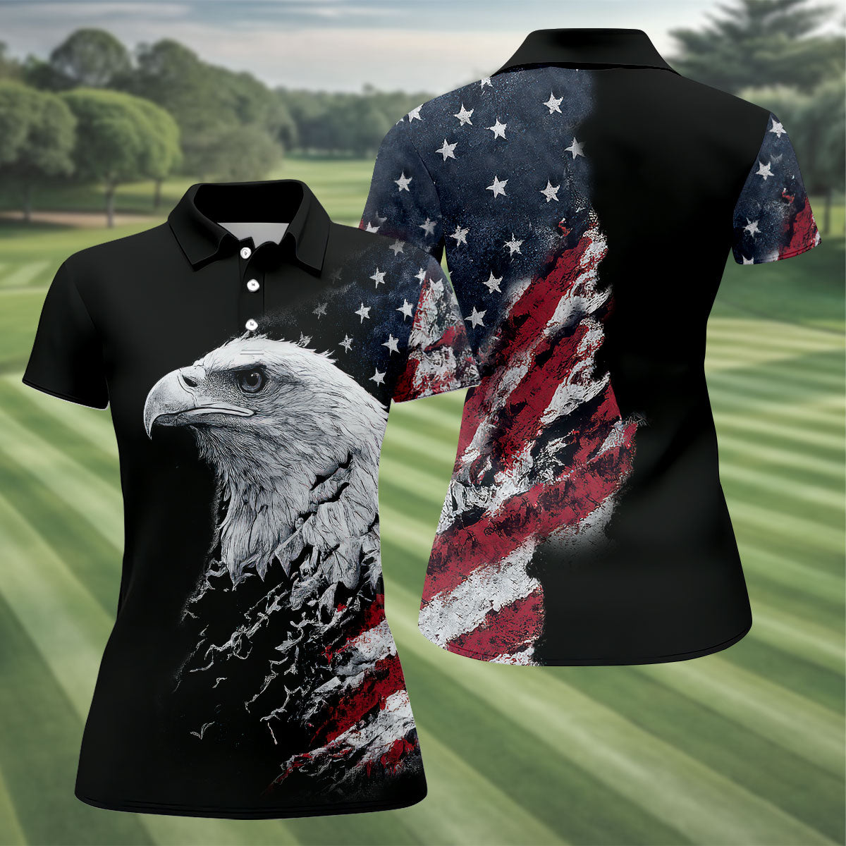 American Flag Bald Eagle Shattering Effect Golf Shirt, Patriotic Golf Shirt, Golf Shirts For Women