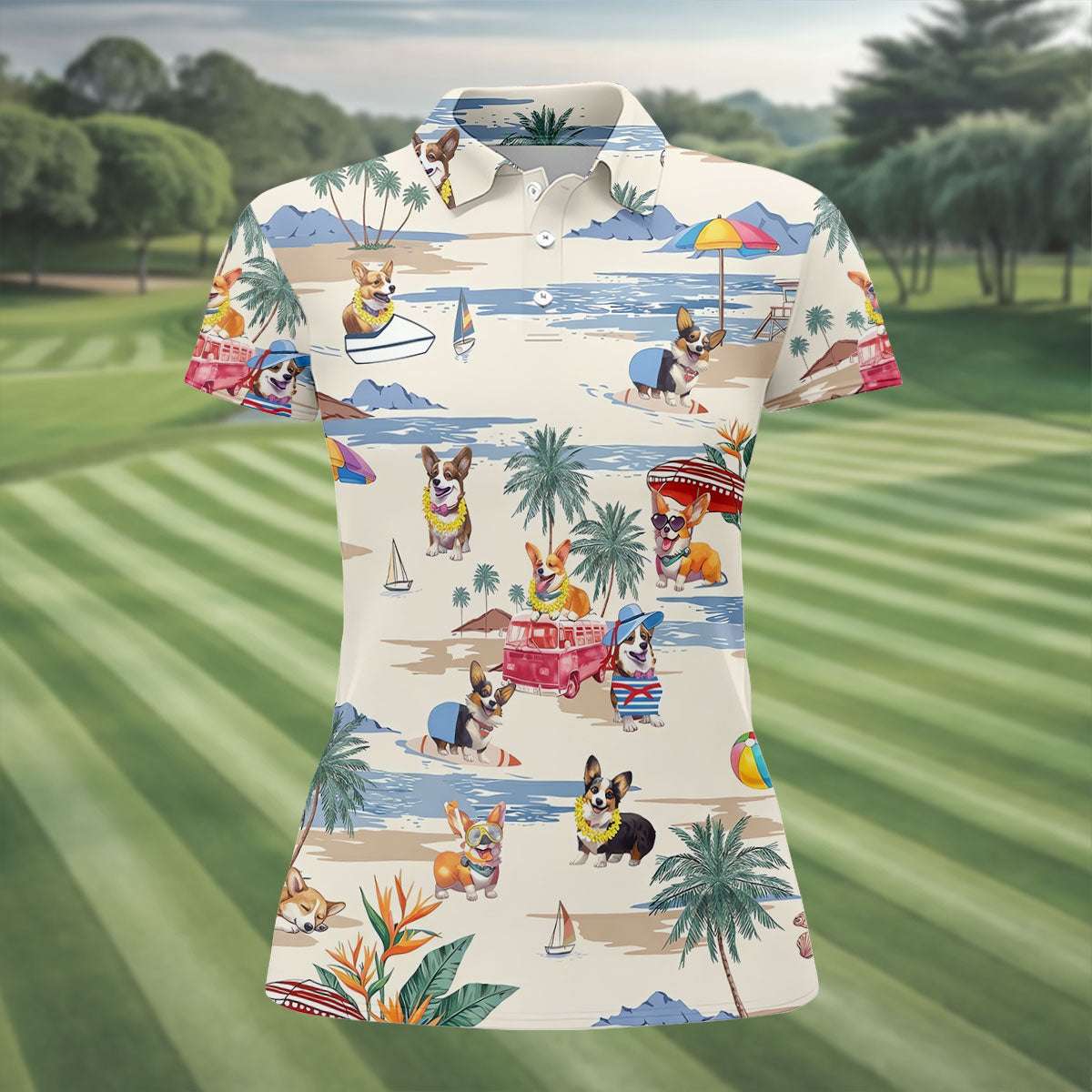 Cute Corgi Beach Vacation Golf Polo Shirt, Golf Shirts For Women, Ladies Golf Tops