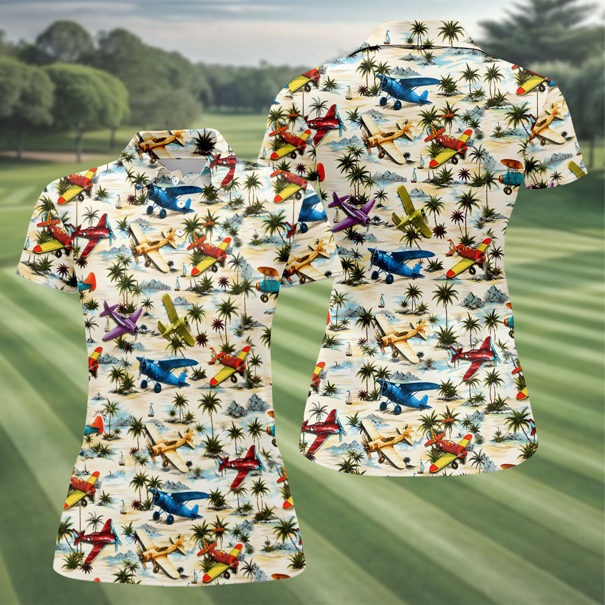 Vintage Airplane Hawaiian Golf Shirt, Tropical Aircraft Pattern, Polo Shirts For Women