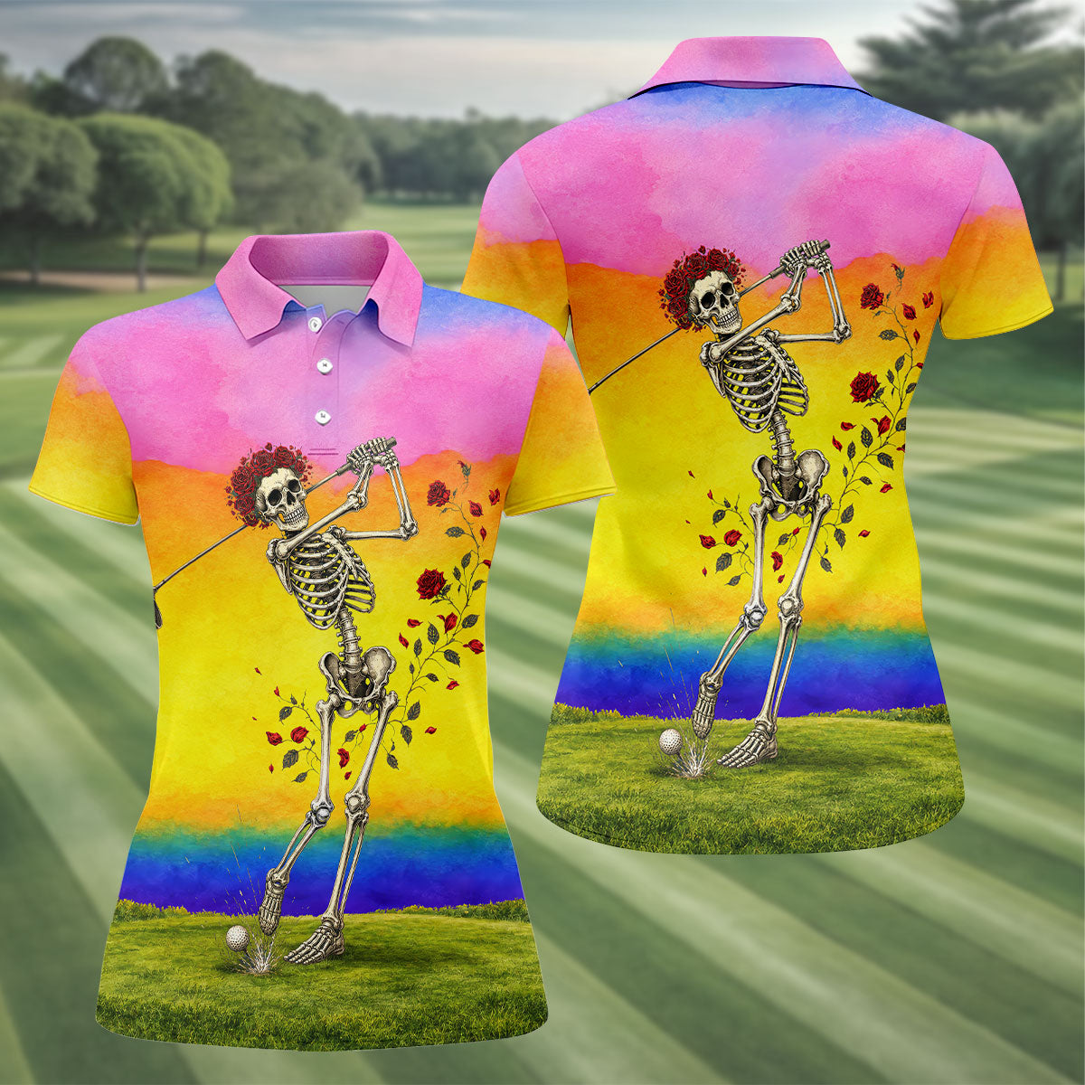 Rainbow Skeleton Golfer Golf Polo Shirt, Women's Golf Polo, Ladies Golf Shirts