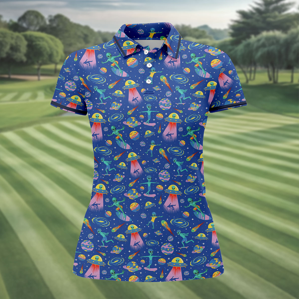 Surfing Alien Space Galaxy Hawaiian Golf Shirt, Golf Shirts For Women, Performance Golf Shirt