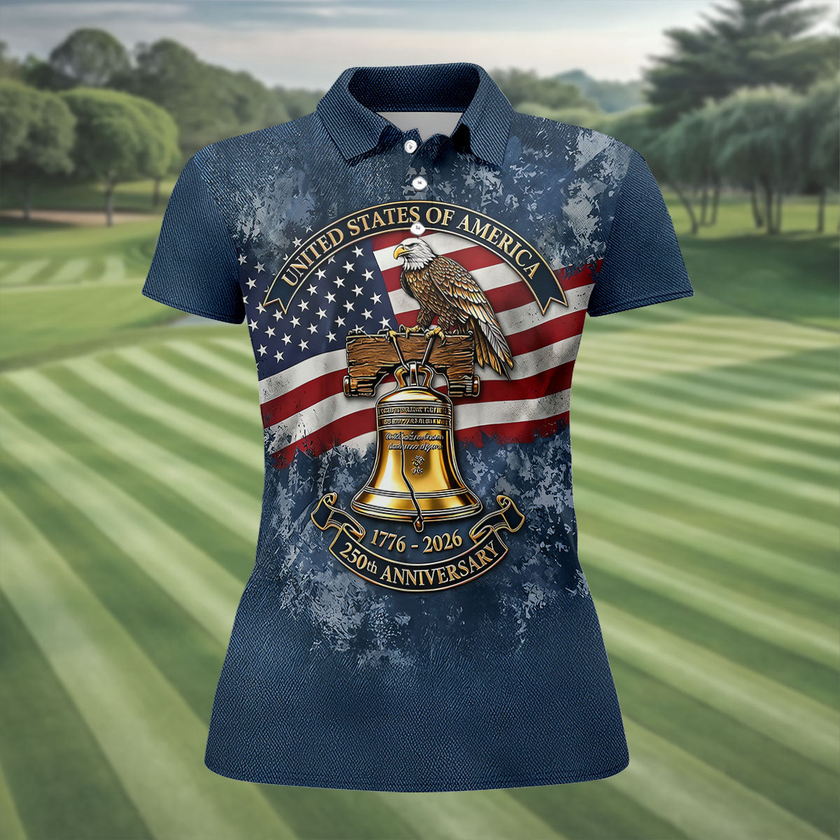Patriotic Bald Eagle Liberty Bell Distressed Golf Shirt, 250 Years 4th Of July Golf Shirt For Women