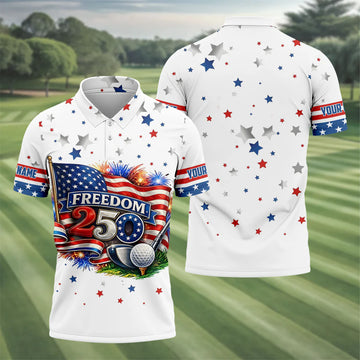 Freedom 250 Independence Celebration American Flag Golf Shirt, Patriotic 4th Of July Golf Shirts For Men