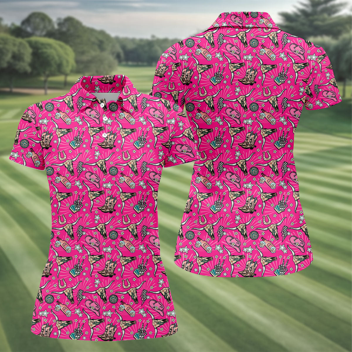 Pink Western Cowgirl Pattern Golf Polo Shirt, Ladies Golf Shirt, Hawaiian Golf Shirt