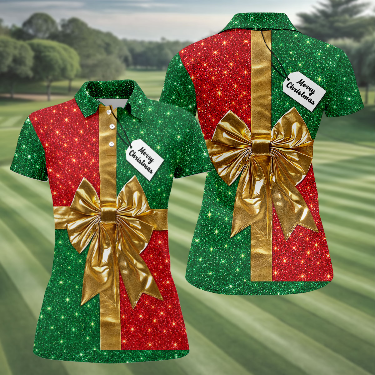 Merry Christmas Golden Gift Bow Golf Polo Shirt, Ladies Golf Shirts, Golf Shirts For Women