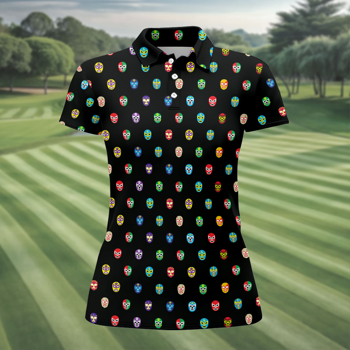 Colorful Retro Mask Print Golf Polo Shirt, Golf Shirts For Women, Women’s Golf Apparel