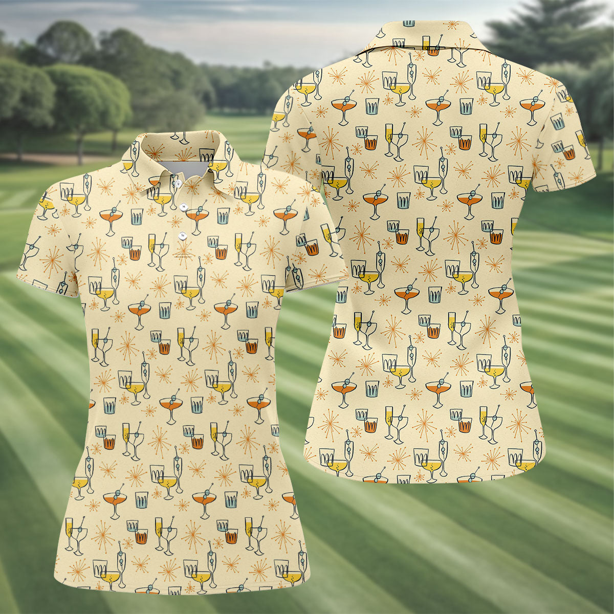 Retro Cocktail Drinks Pattern Golf Polo Shirt, Ladies Golf Tops, Performance Golf Shirt
