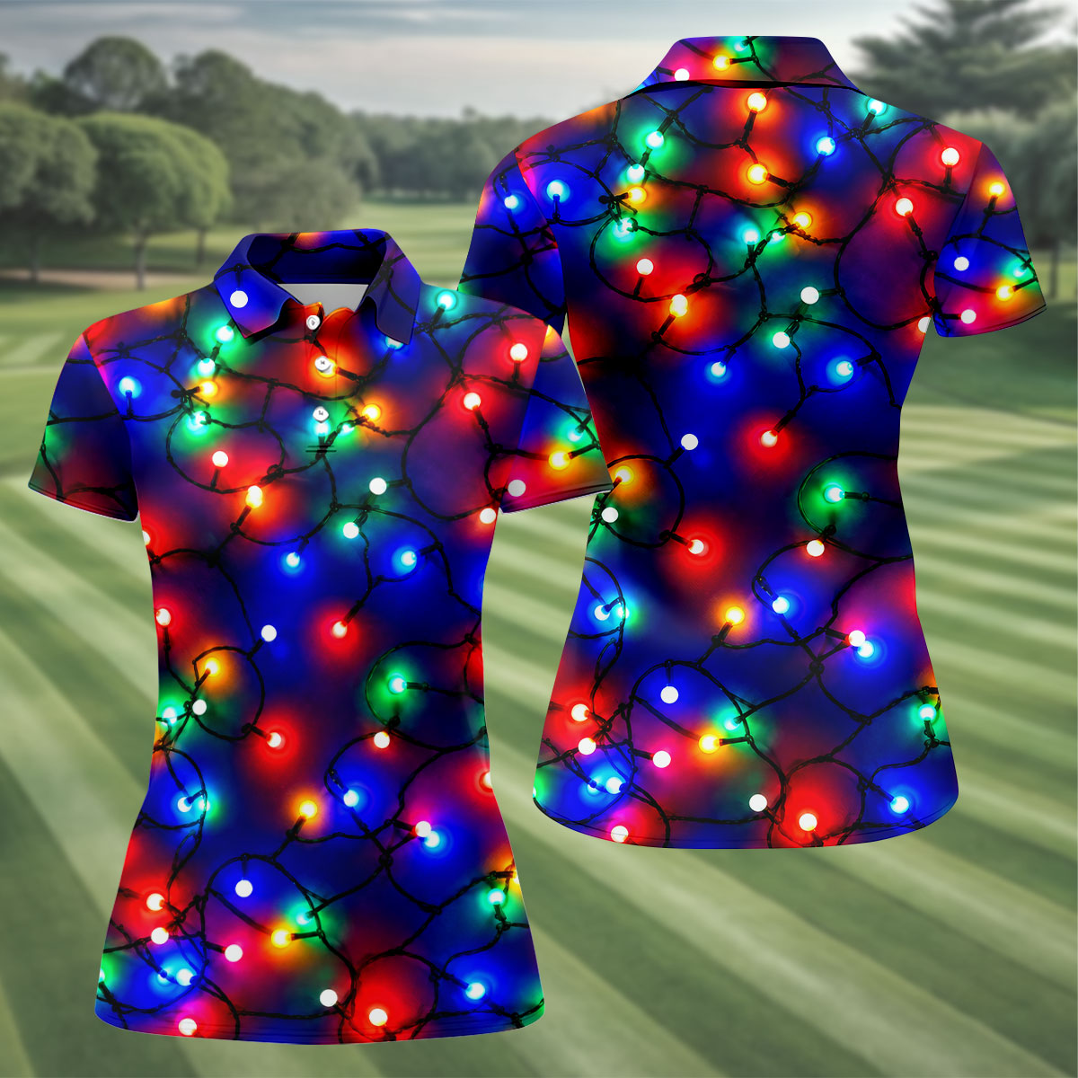 Colorful Christmas Lights Golf Polo Shirt, Christmas Golf Shirt, Golf Tops For Women