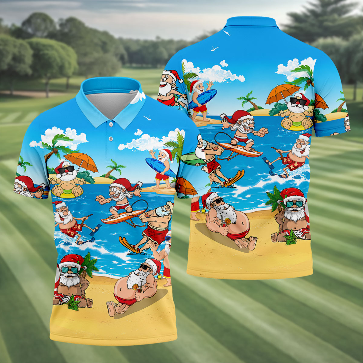 Santa Claus Surfing Summer Beach Party Golf Shirt, Xmas In July Mens Golf Polo, Christmas Golf Shirts