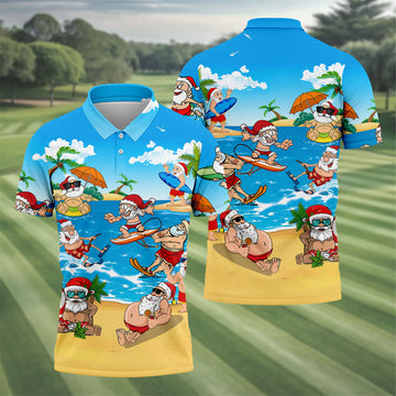 Santa Claus Surfing Summer Beach Party Golf Shirt, Xmas In July Mens Golf Polo, Christmas Golf Shirts