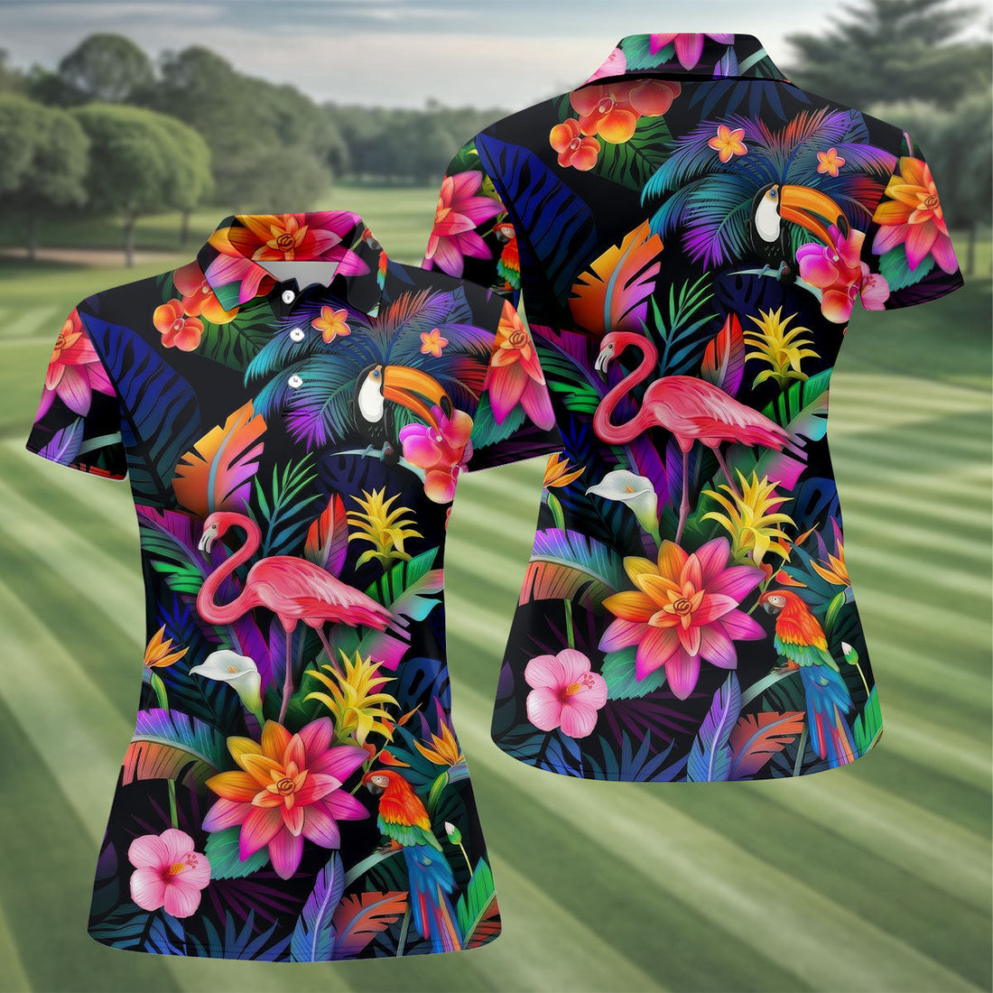 Colorful Tropical Birds And Flamingo Golf Shirt, Golf Polo For Women, Printed Golf Shirt
