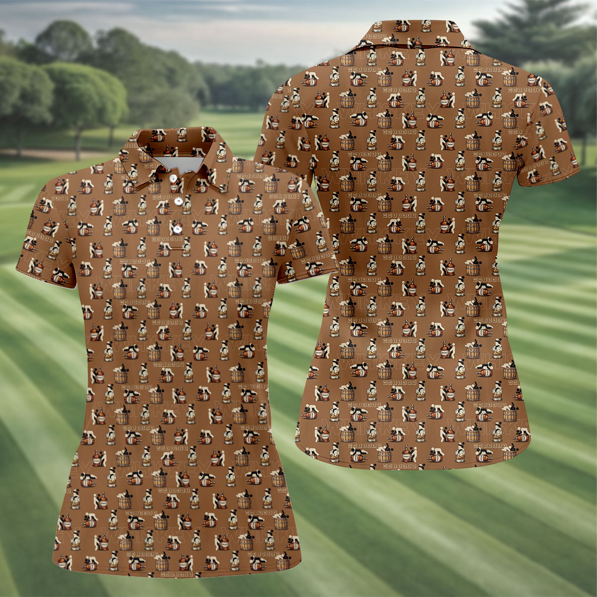 Brown Funny Whiskey Pattern Golf Polo Shirt, Ladies Golf Tops, Women's Golf Polo