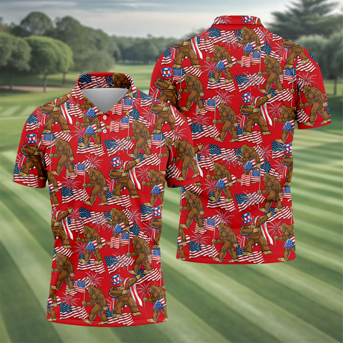 US Flag Pattern 250 Years Bigfoot Golf Shirt, Patriotic 4th Of July Golf Shirts For Men