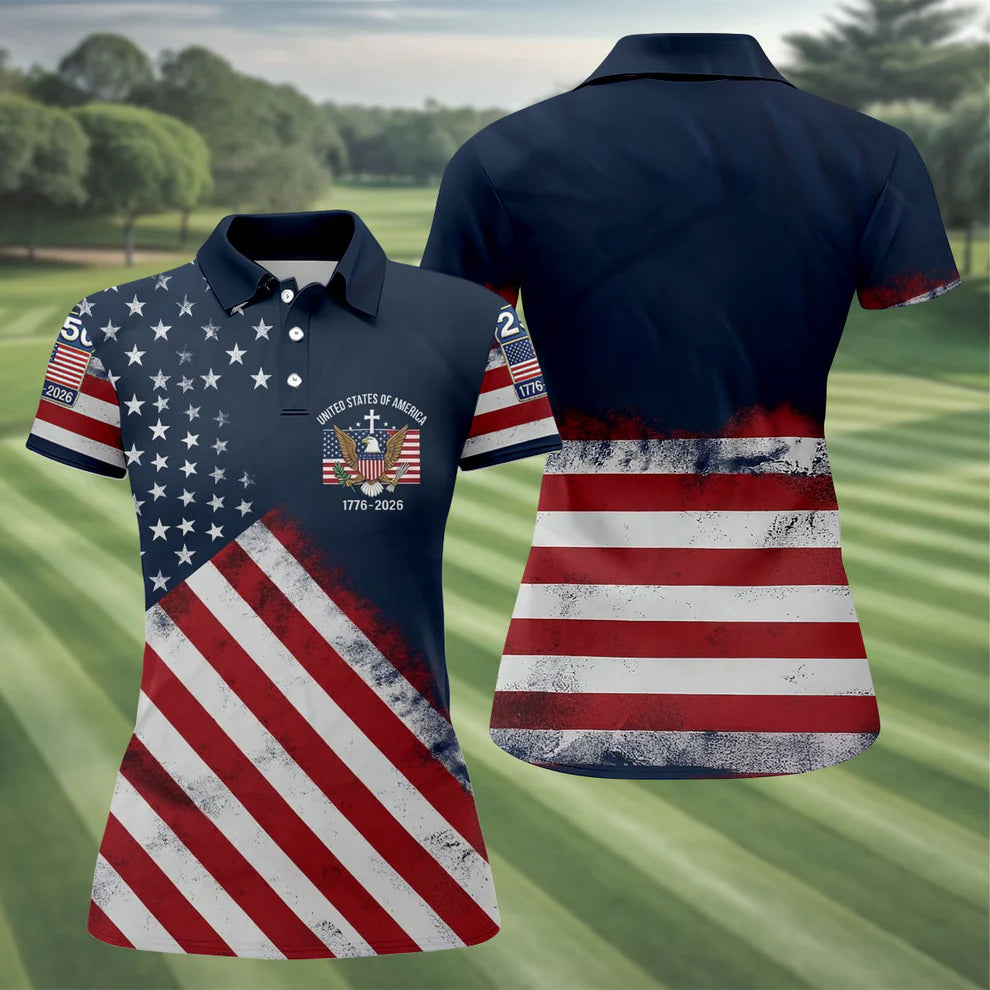 US Bald Eagle Distressed Flag 250 Faith Cross Ladies Golf Tops, Patriotic 4th Of July Golf Shirt For Women