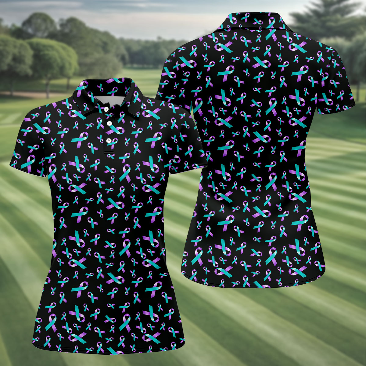 Suicide Prevention Awareness Ribbon Pattern Golf Polo Shirt, Women’s Golf Polo, Golf Shirts For Women