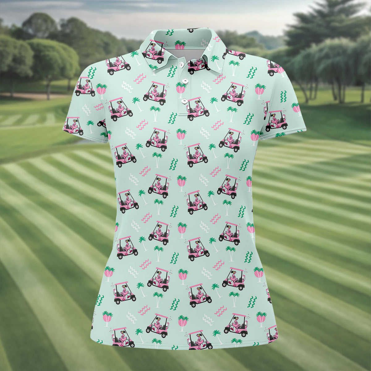 Funny Flamingo Golf Cart Tropical Pattern Polo Shirt, Ladies Golf Top, Golf Tops For Women