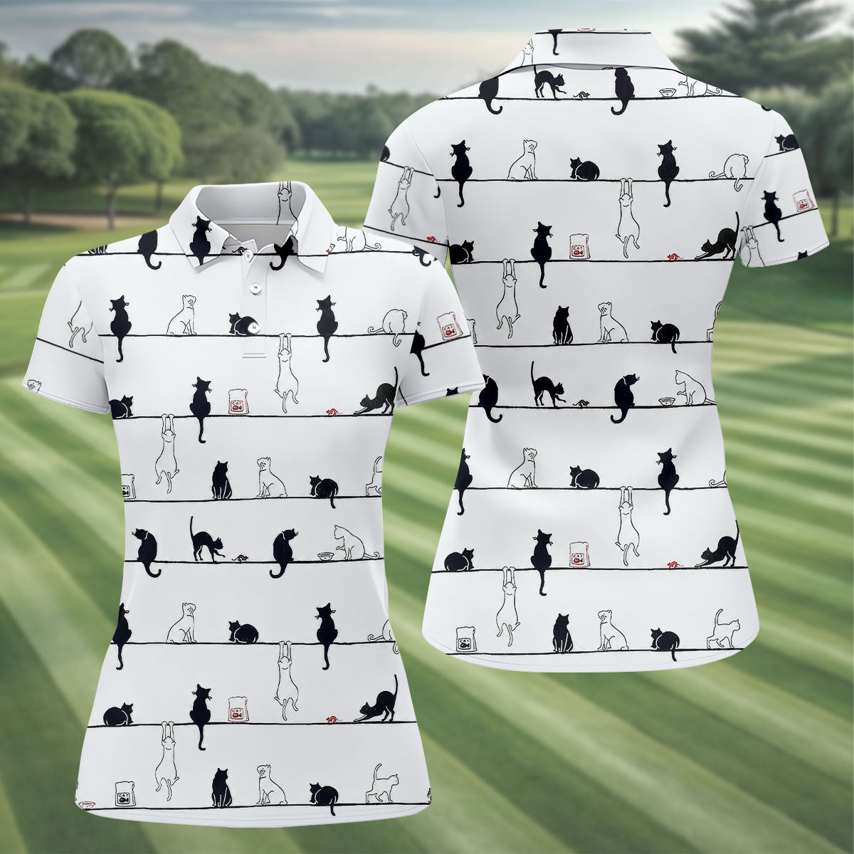 Cute Black and White Cats Pattern Golf Shirt, Women's Golf Tops, Golf Shirts For Women