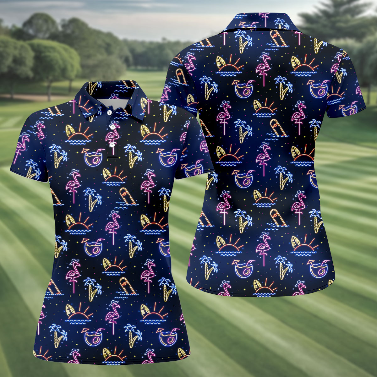 Neon Tropical Flamingo Sunset Cocktail Night Golf Polo, Hawaiian Golf Shirt, Ladies Golf Shirt