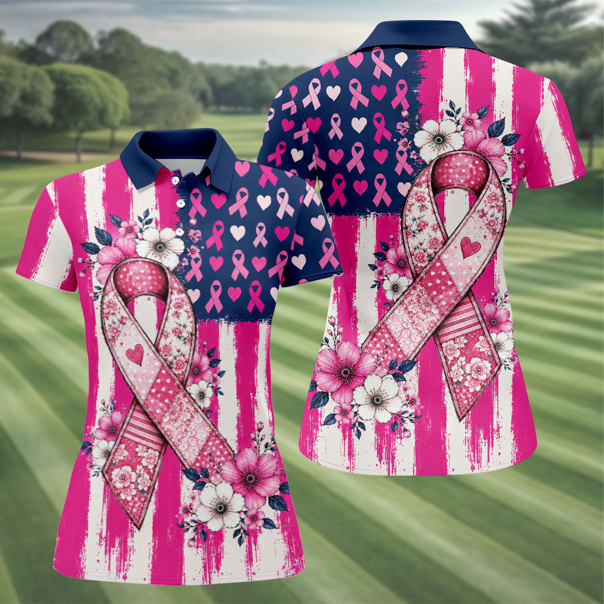 American Flag Pink Breast Cancer Awareness Golf Polo Shirt, Womens Golf Polo, Golf Shirts For Women