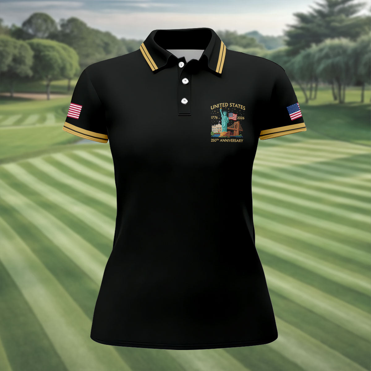 American Symbols Black Patriotic Golf Shirt, US 250 Years 4th Of July Golf Shirt For Women