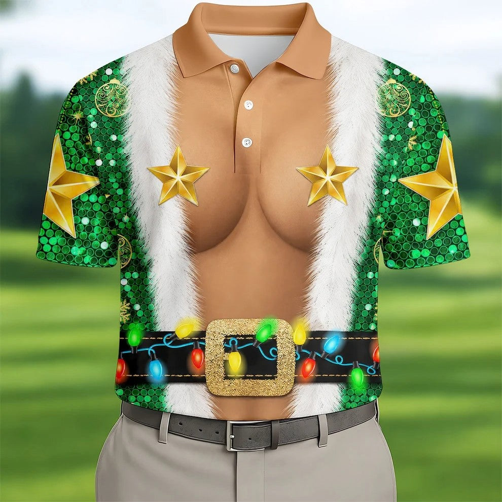 Green Santa Gold Stars Christmas Golf Polo Shirt, Mens Golf Shirts, Mens Polo Shirts