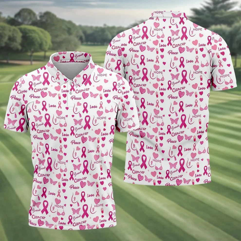Love Hope Peace Butterfly Breast Cancer Polo Shirt, Mens Golf Polo, Printed Golf Shirts