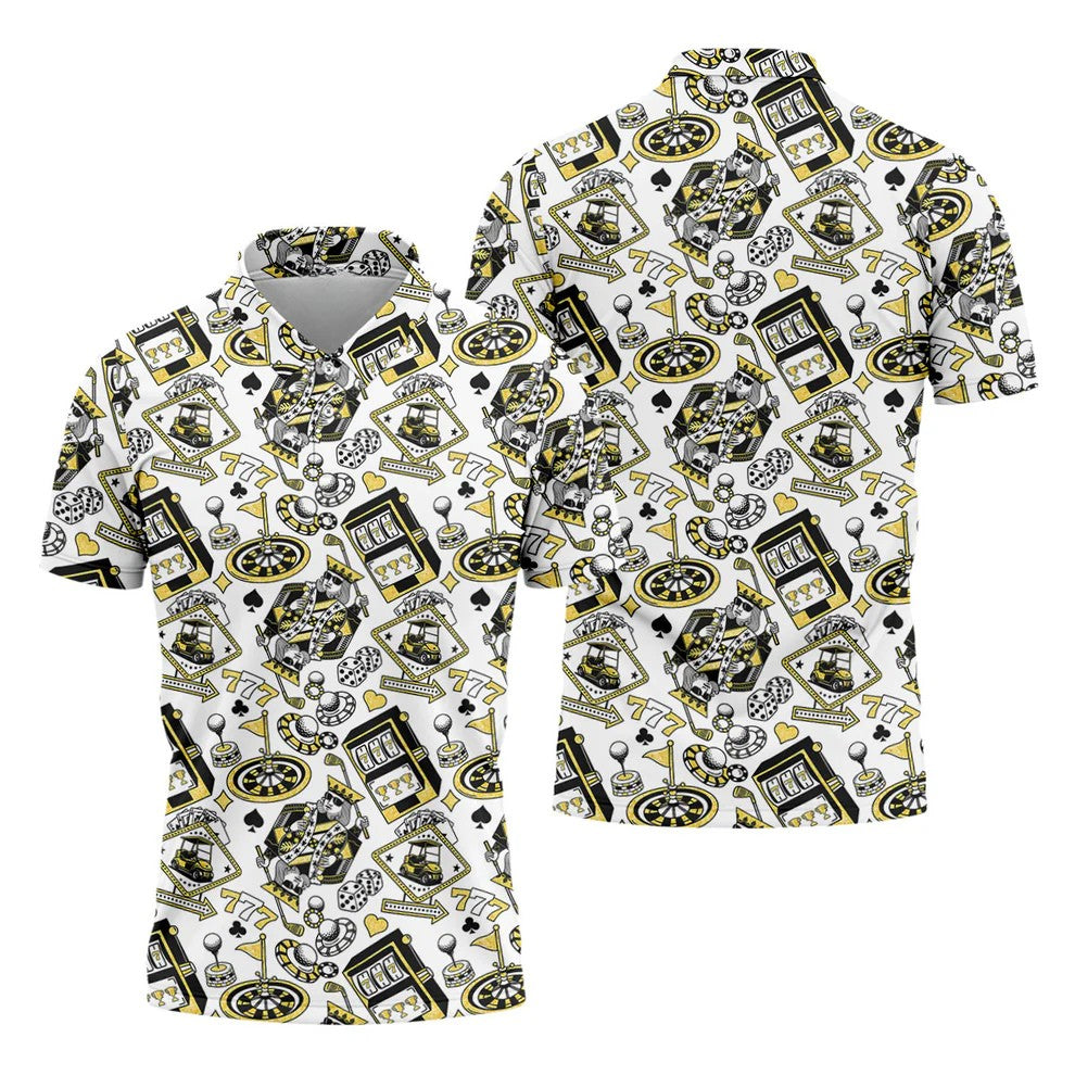 Casino Golf Pattern White Hawaiian Golf Polo Shirt, Mens Polo Shirts, Golf Shirts For Men