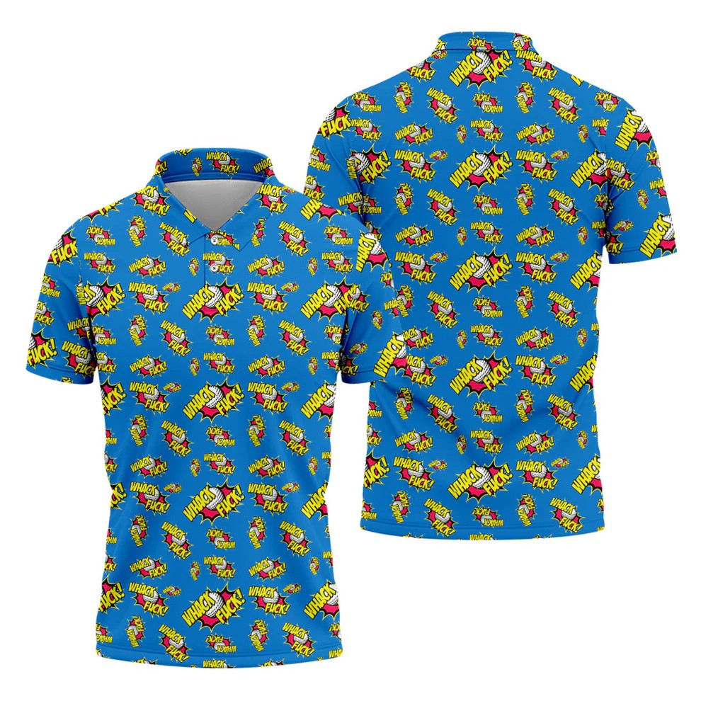 Whack Fuck Comic Golf Ball Pattern Golf Shirt, Men's Golf Shirt, Golf Apparel For Men