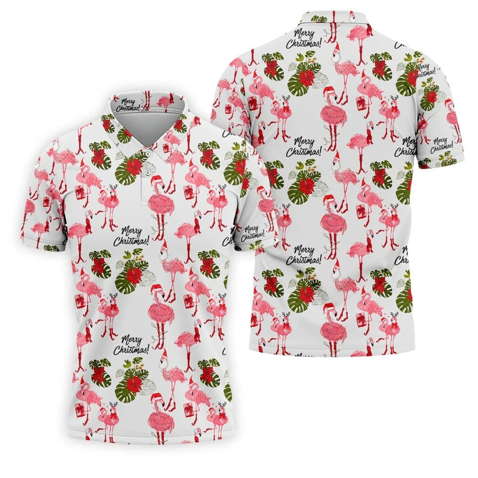 Flamingo Merry Christmas Golf Shirt For Men, Christmas Golf Shirt Polos, Men Golf Apparel