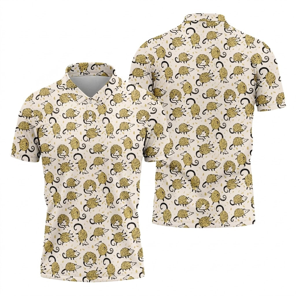 Cute Opossum Seamless Pattern Golf Tops For Men, Cute Golf Outfit, Polo Shirts For Men