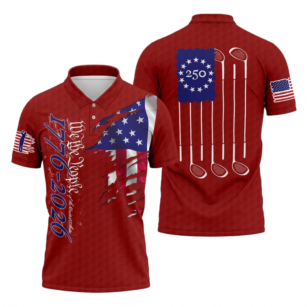 We The People Distressed American Flag Red Golf Shirt, 4th Of July Golf Shirts For Men