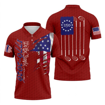We The People Distressed American Flag Red Golf Shirt, 4th Of July Golf Shirts For Men