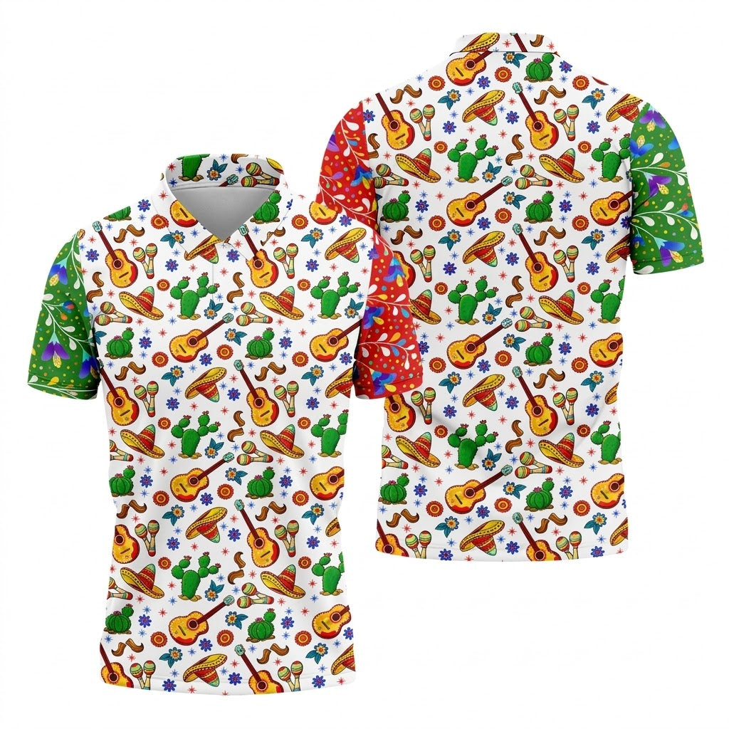 Mexican Party Seamless Pattern Golf Tops For Men, Cinco De Mayo Celebration Golf Shirts For Men