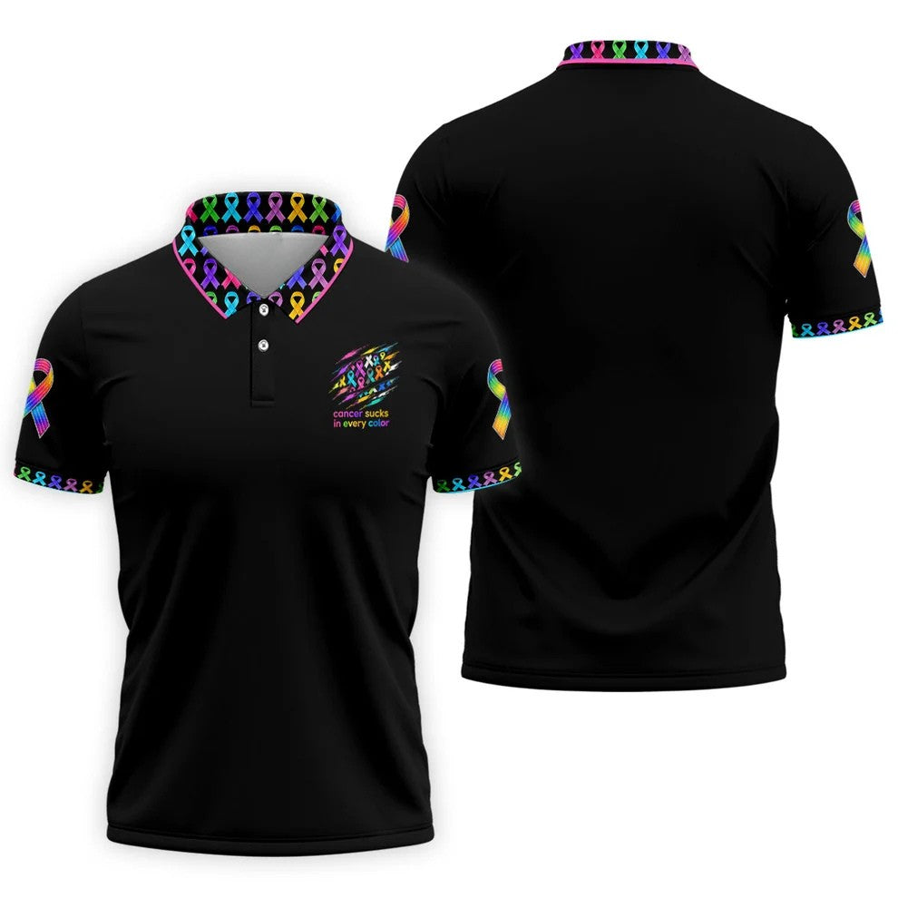 Cancer Sucks In Every Color Awareness Ribbon Polo Shirt, Golf Polo Shirts For Men