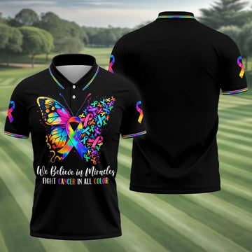 We Believe In Miracles Butterfly Cancer Polo Shirt, Mens Golf Polo, Golf Apparel For Men