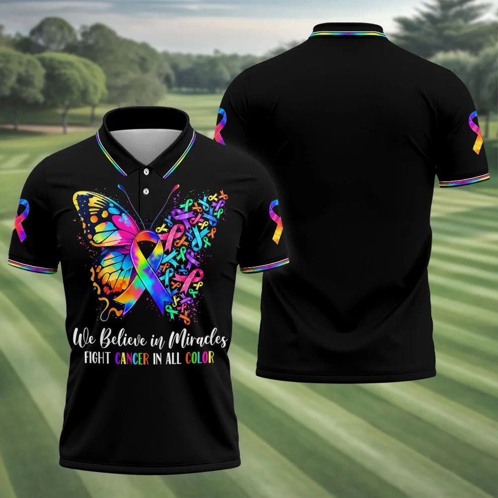 We Believe In Miracles Butterfly Cancer Polo Shirt, Mens Golf Polo, Golf Apparel For Men
