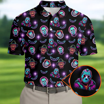 Funny Horror Movie Men's Golf Shirt, Horror Character Neon Shirt, Halloween Golf Shirt, Men Golf Gift