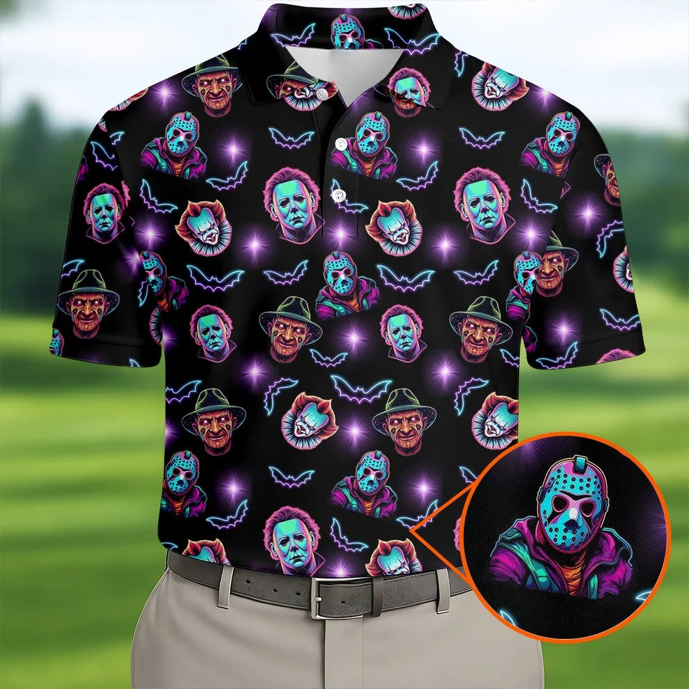 Funny Horror Movie Men's Golf Shirt, Horror Character Neon Shirt, Halloween Golf Shirt, Men Golf Gift