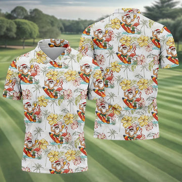Surfing Santa Tropical Christmas Golf Polo Shirt, Golf Shirts For Men, Printed Golf Shirts