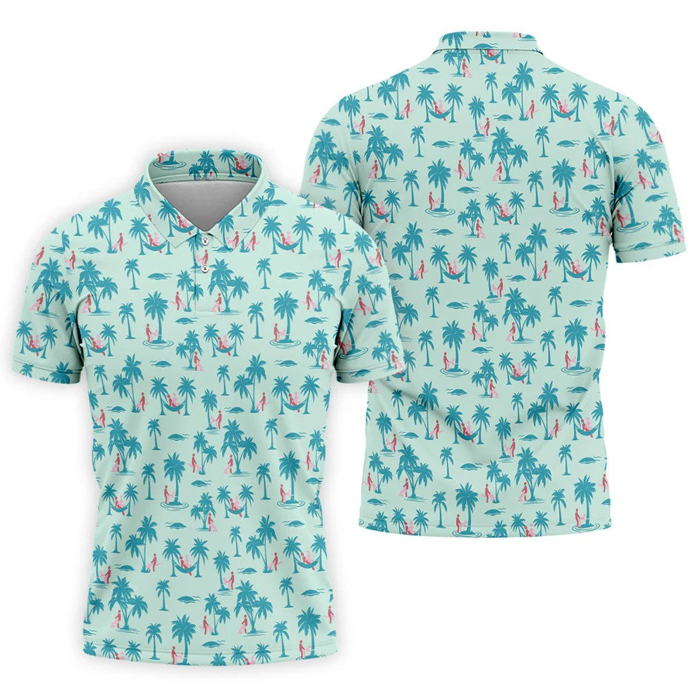 Funny Tropical Couple Beach Pattern Men's Golf Shirt, Hawaiian Golf Shirt, Golf Apparel For Men