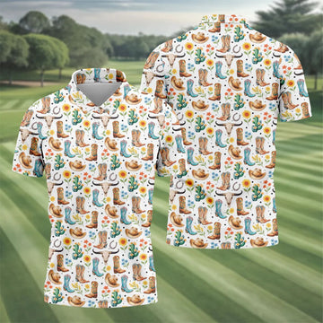 Western Cowboy Boots Floral Pattern Golf Shirt, Mens Golf Apparel, Golf Polo Shirts For Men