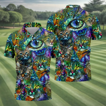 Colorful Stained Glass Cat Art Golf Polo Shirt, Men's Golf Shirt, Golf Polo Shirts For Men