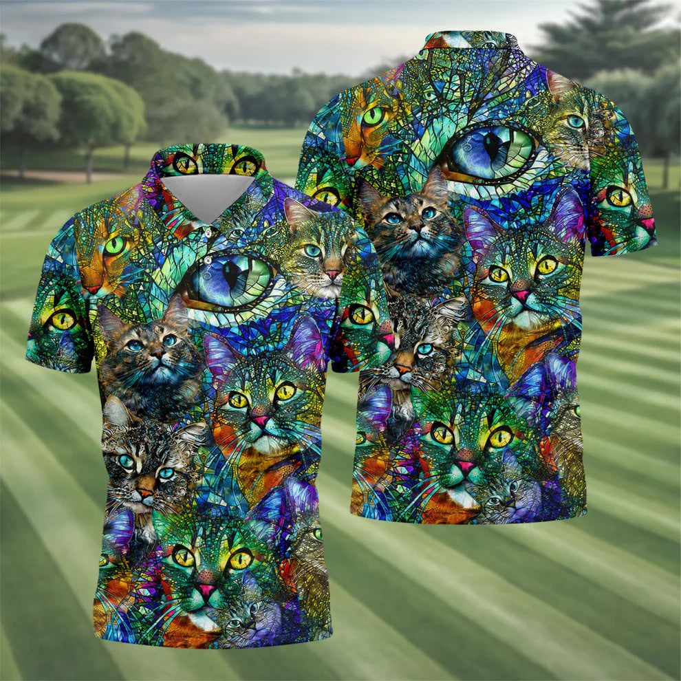 Colorful Stained Glass Cat Art Golf Polo Shirt, Men's Golf Shirt, Golf Polo Shirts For Men