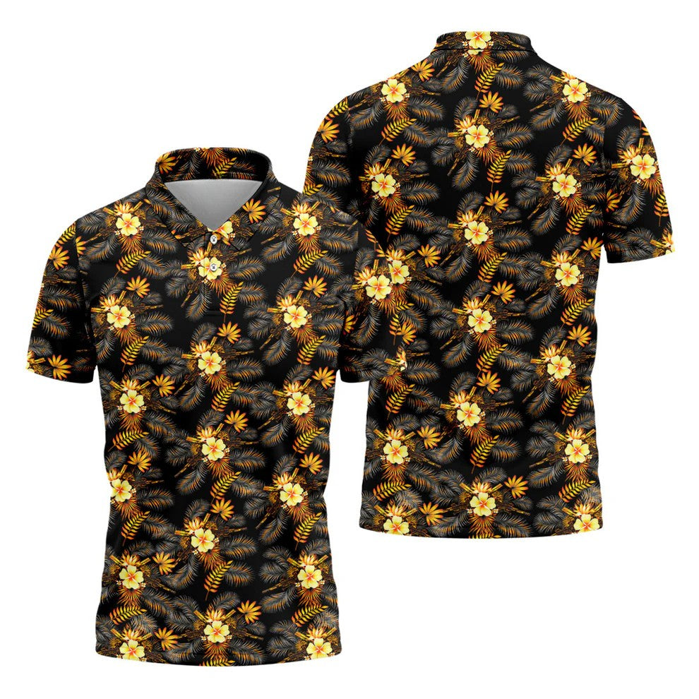 Yellow Hibiscus Flower Black Hawaiian Golf Shirt, Tropical Vibe Golf Shirts For Men